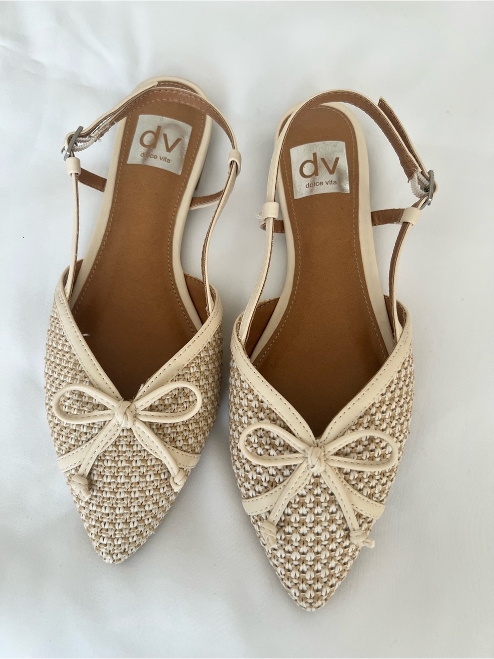 Dolce Vita Cream Woven Pointed Bow Slingback Flats